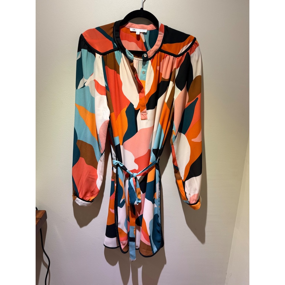 DR2 by Daniel Rainn Abstract Geometric Print Belted Mini Dress Orange Teal L